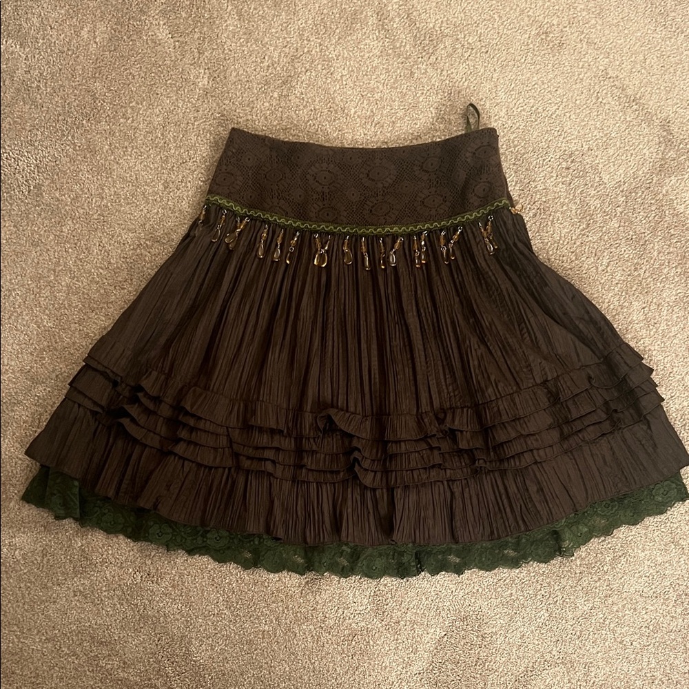 Cache Brown and Green Layered A-Line Skirt